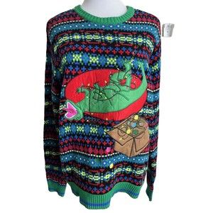 Blizzard Bay Men's Dinosaur Dino T Rex Ugly Christmas Sweater Lights Up Sz L